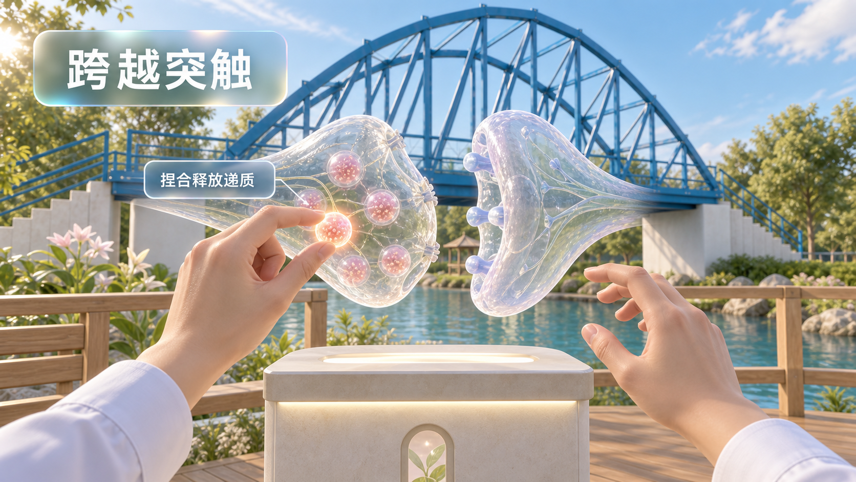 第一人称 VR 视角中，玩家捏合突触前膜内的递质囊泡