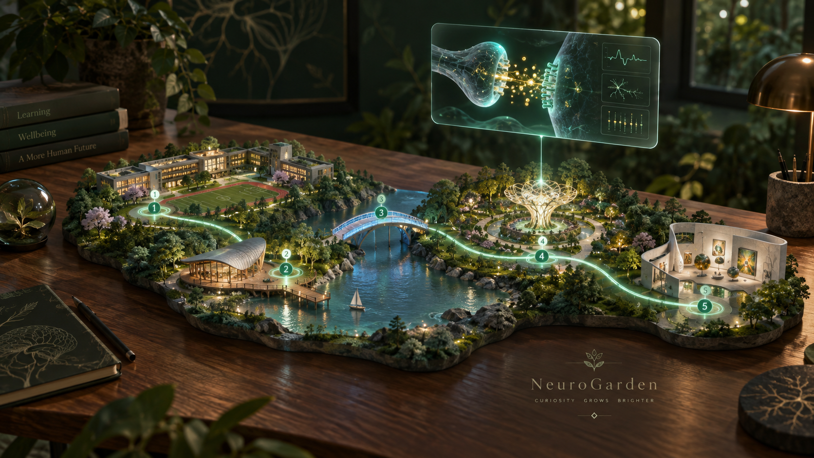 NeuroGarden digital learning path sandbox with five learning nodes and a floating micro experiment window