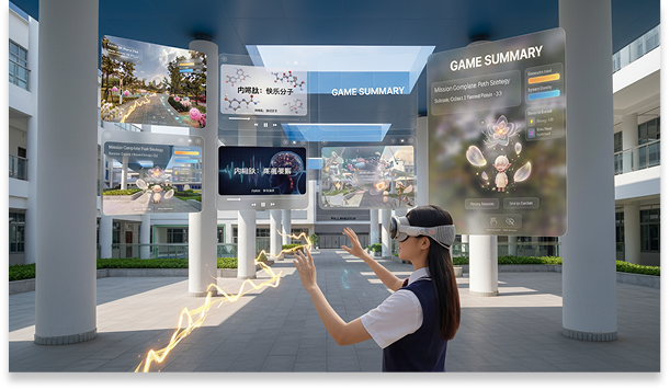 VR 手势操作概念合成图，呈现学习者与空间窗口的交互方式
